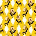 Tulip flower seamless vector yellow ikat background pattern.