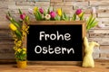 Tulip Flowers, Bunny, Brick Wall, Blackboard, Text Frohe Ostern Means Happy Easter
