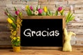 Tulip Flowers, Bunny, Brick Wall, Blackboard, Text Gracias Means Thank You