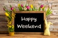 Tulip Flowers, Bunny, Brick Wall, Blackboard, Text Happy Weekend