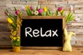 Tulip Flowers, Bunny, Brick Wall, Blackboard, Text Relax