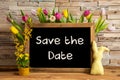 Tulip Flowers, Bunny, Brick Wall, Blackboard, Text Save The Date