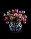 Tulip flowers in an Intricate vase on black background, AI-Generated Royalty Free Stock Photo