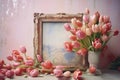 Tulip flowers and picture frames bohemian background. Generative AI