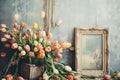 Tulip flowers and picture frames bohemian background. Generative AI Royalty Free Stock Photo