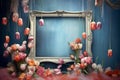 Tulip flowers and picture frames bohemian background. Generative AI