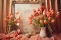 Tulip flowers and picture frames bohemian background. Generative AI Royalty Free Stock Photo