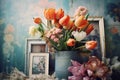 Tulip flowers and picture frames bohemian background. Generative AI