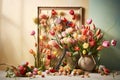 Tulip flowers and picture frames bohemian background. Generative AI