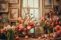 Tulip flowers and picture frames bohemian background. Generative AI