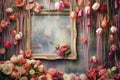 Tulip flowers and picture frames bohemian background. Generative AI