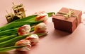 Tulip flowers on a pink background along with gift boxes as a symbol of the upcoming spring and spring holidays. The concept of