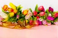 Tulip flowers on pink background Happy wishes greetings text tulip colorful festive bouquet floral women day Happy Valentine