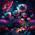 Tulip garden in the night. 3d vector illustration. Generative AI