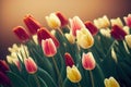 Tulip heads flower leaning towards sun in blooming spring field.