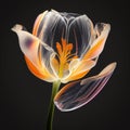 Tulip isolated on black background close-up. Beautiful unusual transparent flower.