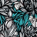 Tulip and leaves seamless pattern. Blue color