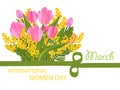 The Tulip and Mimosa bouquet, figure eight ribbon. Desing for March 8 International Women`s Day with flowers. Vector