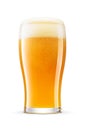 Tulip pint glass of fresh yellow wheat unfiltered beer with cap of foam isolated on white