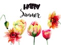 Tulip and Poppy flowers with title happy summer