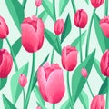 Tulip seamless pattern. Light pale green background and pink, red tulips with green, turquoise leaves. Vector illustration, print Royalty Free Stock Photo