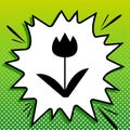 Tulip sign. Black Icon on white popart Splash at green background with white spots. Illustration