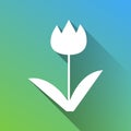 Tulip sign. White Icon with gray dropped limitless shadow on green to blue background. Illustration.