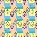 Tulip trees in flowerpots and funny birds on multicolor abstract geometric background. Seamless spring pattern. Curtain, wallpaper Royalty Free Stock Photo