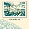 Tulip Valley with Dutch landscape, monochrome retro style. Vector spring banner with tulip fields and a landscape with a windmill Royalty Free Stock Photo