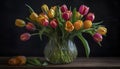 Tulip vase, nature bouquet, fresh springtime, wood material, flower head generated by AI