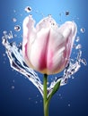 Tulip with water splash on blue background. 3d illustration