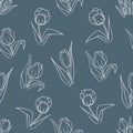 Tulip white line on navy blue vector seamless pattern. Tulip seamless pattern vector background. Decorative seamless