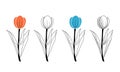 Tulip white orange blue texture set. Hand drawn spring flowers doodle. Stock vector illustration isolated on white