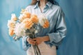 tulip woman sweater romantic bouquet blue flower white hand yellow floral. Generative AI. Royalty Free Stock Photo