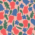 Tulips and belled flowers leaves flat design seamless pattern
