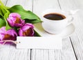 Tulips bouquet blank greeting card and coffee cup Royalty Free Stock Photo