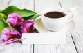 Tulips bouquet blank greeting card and coffee cup Royalty Free Stock Photo