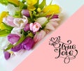 Tulips Bouquet of pink yellow lilac abstract white blue festive holiday background Concept for Valentine`s Day, Women  day ,Wedd Royalty Free Stock Photo