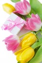 Tulips bunch and prenet box on white background, closeup Royalty Free Stock Photo