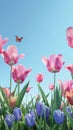 Tulips and butterfly on blue sky background. 3d render Royalty Free Stock Photo