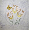 Tulips and butterfly over luxury painte, innocence, delicate wall ornament