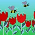 1295 tulips, children`s wallpaper, seamless pattern with tulips and bees, for different designs