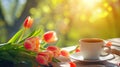 tulips and coffee cup on the table, sunny nature background