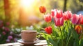 tulips and coffee cup on the table, sunny nature background