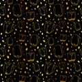 Tulips and falling snow doodles dark cutout on gold foil seamless pattern Royalty Free Stock Photo