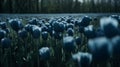 Tulips in the field. Blue tulips on a field