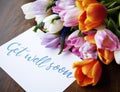 Tulips Flowers Bouquet with Get Well Soon Wishing Card Royalty Free Stock Photo