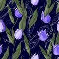 Floral pattern with  different kind of flowers. Tulips. Hand drawn style on background. Seamless vector texture Royalty Free Stock Photo