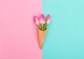 Tulips ice cream waffle cone Pink flowers flat lay Minimal Royalty Free Stock Photo