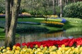 Brightly coloured tulips by the lake at Keukenhof Gardens, Lisse, Netherlands. Keukenhof is known as the Garden of Royalty Free Stock Photo